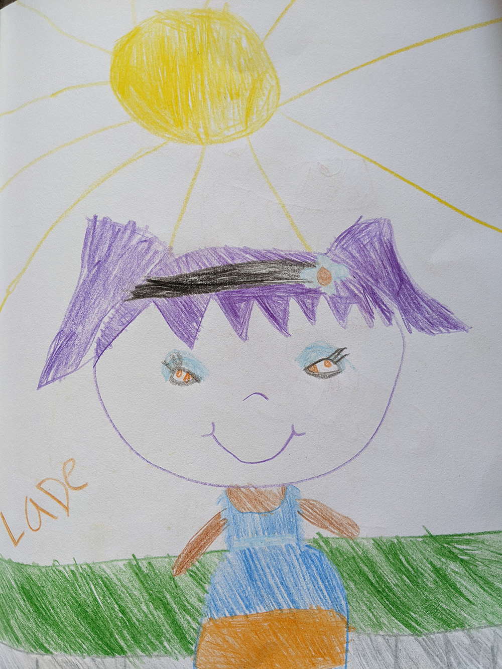 A drawing of a lady with pig tails, a head band, and a dress, standing underneath the sun.