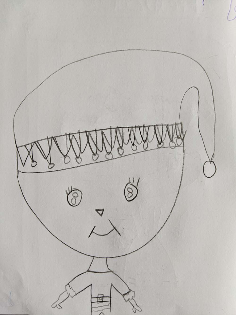 A drawing of a smiling elf with a small body and a large head, wearing a hat.