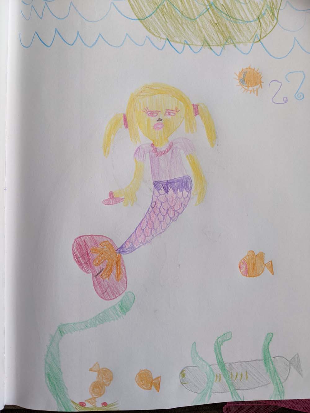 A mermaid wearing purple, with blond pigtails and a purple tail, swimming in the water with fish, seaweed, and a shark.