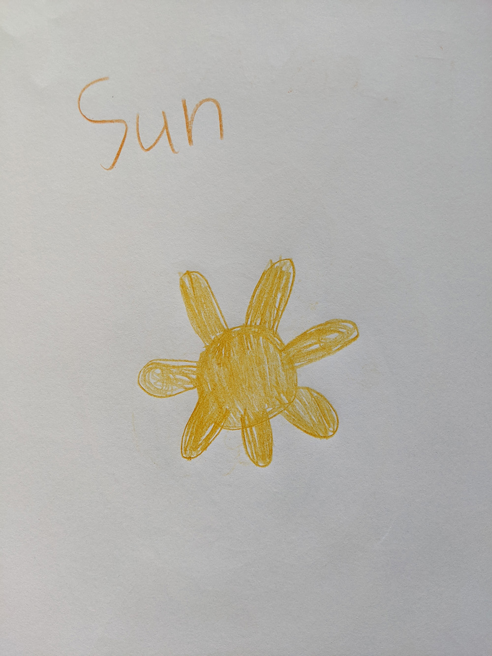 A drawing of a sun on a blank background below the word Sun.